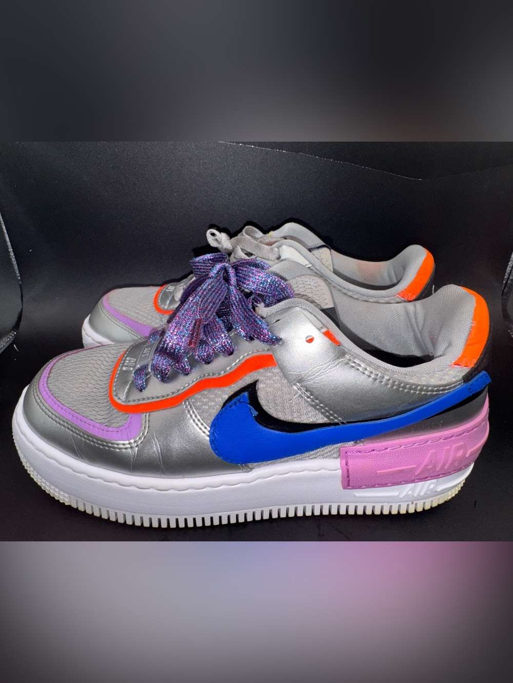 Nike Air Force 1 Shadow Metallic Silver Hyper Blue Pink Sneakers Women’s 7.5 - Picture 8 of 17